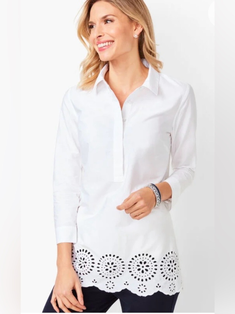 Talbots White Eyelet Hem Popover Tunic